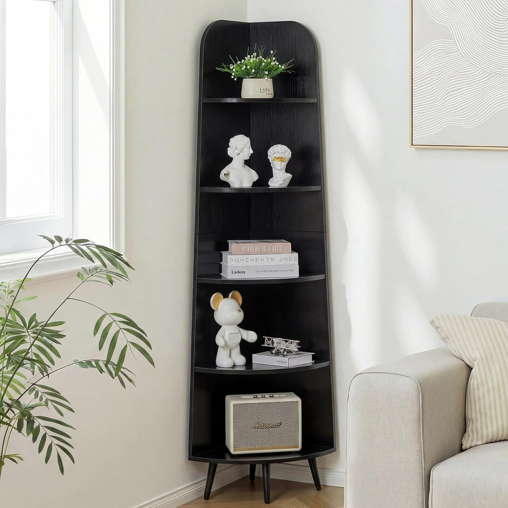 VECELO Large Tall Corner Shelf, 66.93" H 5-Tier Corner Storage Organizer, Freestanding Corner Display Rack for Living Room Bedroom Home Office, Black