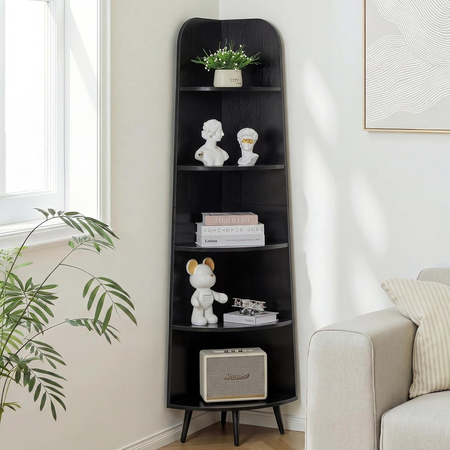 VECELO Large Tall Corner Shelf, 66.93" H 5-Tier Corner Storage Organizer, Freestanding Corner Display Rack for Living Room Bedroom Home Office, Black