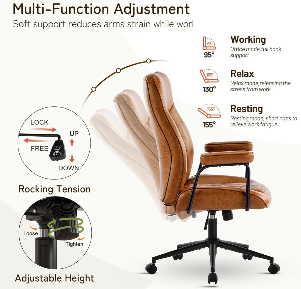 Furniliving Leather Office Chair, Comfy Home Office Desk Chair, Mid Century Modern Office Chair with Lumbar Support, Mid-Back Adjustable Swivel Computer Chair with Wheels and Arms, Brown