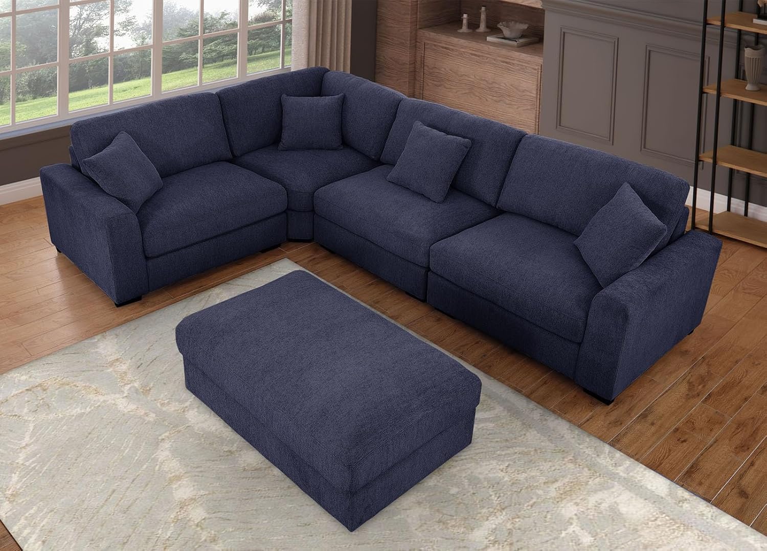 asunflower Ottoman for Living Room Navy Blue 45.8" x 28.7" Large Rectangle Ottoman Foot Rest Plush Chenille Upholstery Oversized Ottomans Bench with Wooden Legs for Sofa Couch