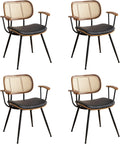 Rattan Dining Room Chairs Set of 4,Mid Century Modern Kitchen Side Chairs,Metal Legs Desk Chair,Faux Leather Accent Chair with Arms and Rattan Backrest Black PU