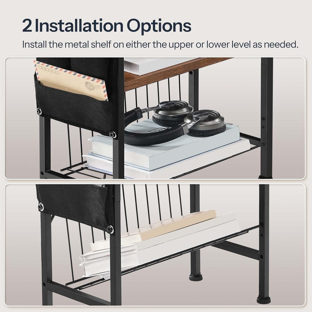 HOOBRO End Table with Charging Station, Small Side Table with Magazine Holder, Nightstand Bedside Table, 3-Tier Storage Shelf for Small Space, Living Room, Bedroom,Rustic Brown and Black BF412UBZ01