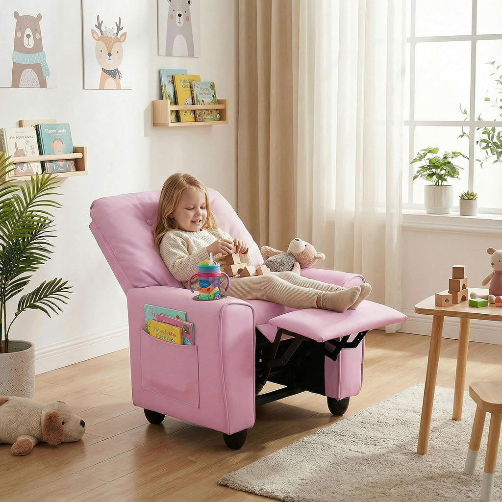 INFANS Kids Recliner, Toddler Lounge Chair with Adjustable Backrest Footrest Cup Holder Side Pockets, PU Leather Toddler Couch