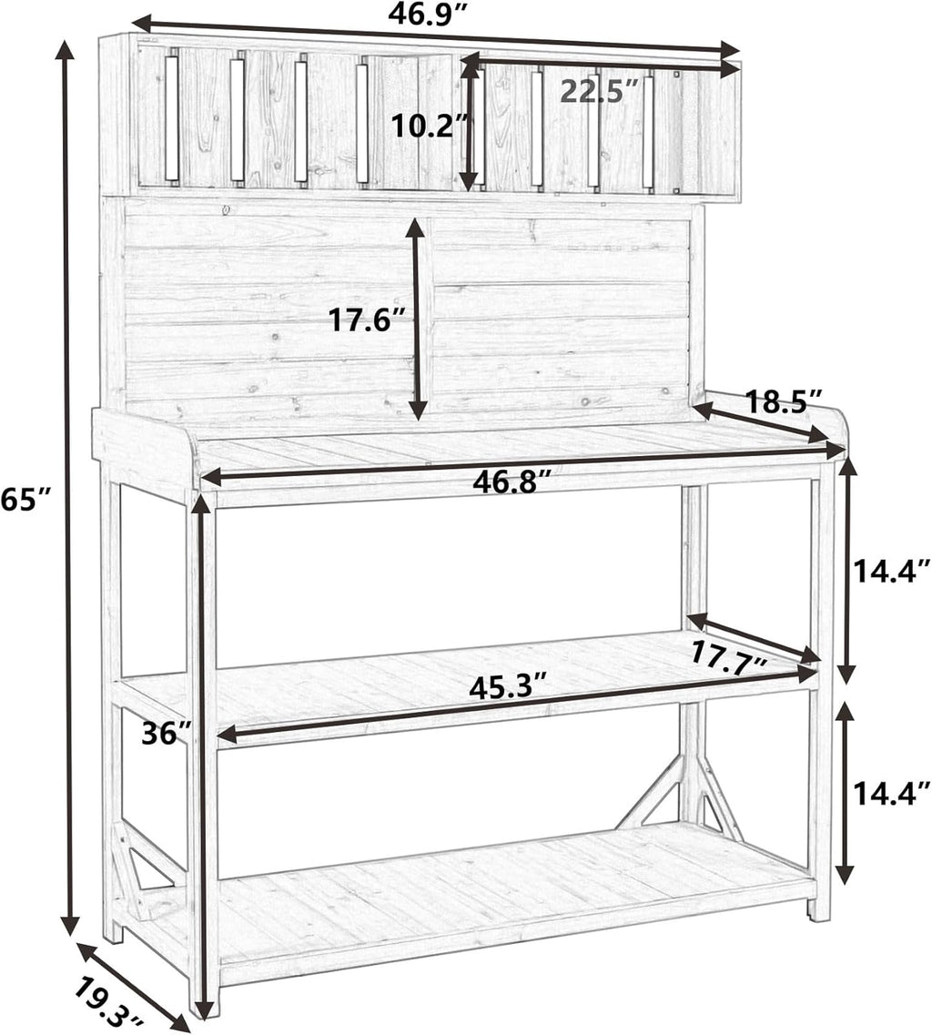 Large Wooden Farmhouse Rustic Outdoor Patio Workstation Potting Bench Table with 4 Storage Shelves and Side Hook -Natural, Natrual