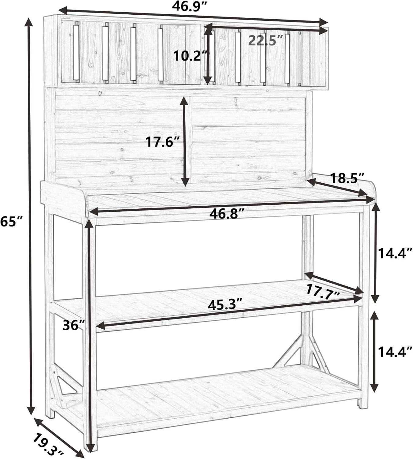 Large Wooden Farmhouse Rustic Outdoor Patio Workstation Potting Bench Table with 4 Storage Shelves and Side Hook -Natural, Natrual