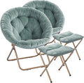 Magshion Folding Saucer Chair for Adults with Ottoman, Circle Reading Chair for Bedroom, Living Room & Dorm, Furry Comfy Accent Seat with Metal Leg & Thick Padded for Small Spaces (Teal, 2 Pack)
