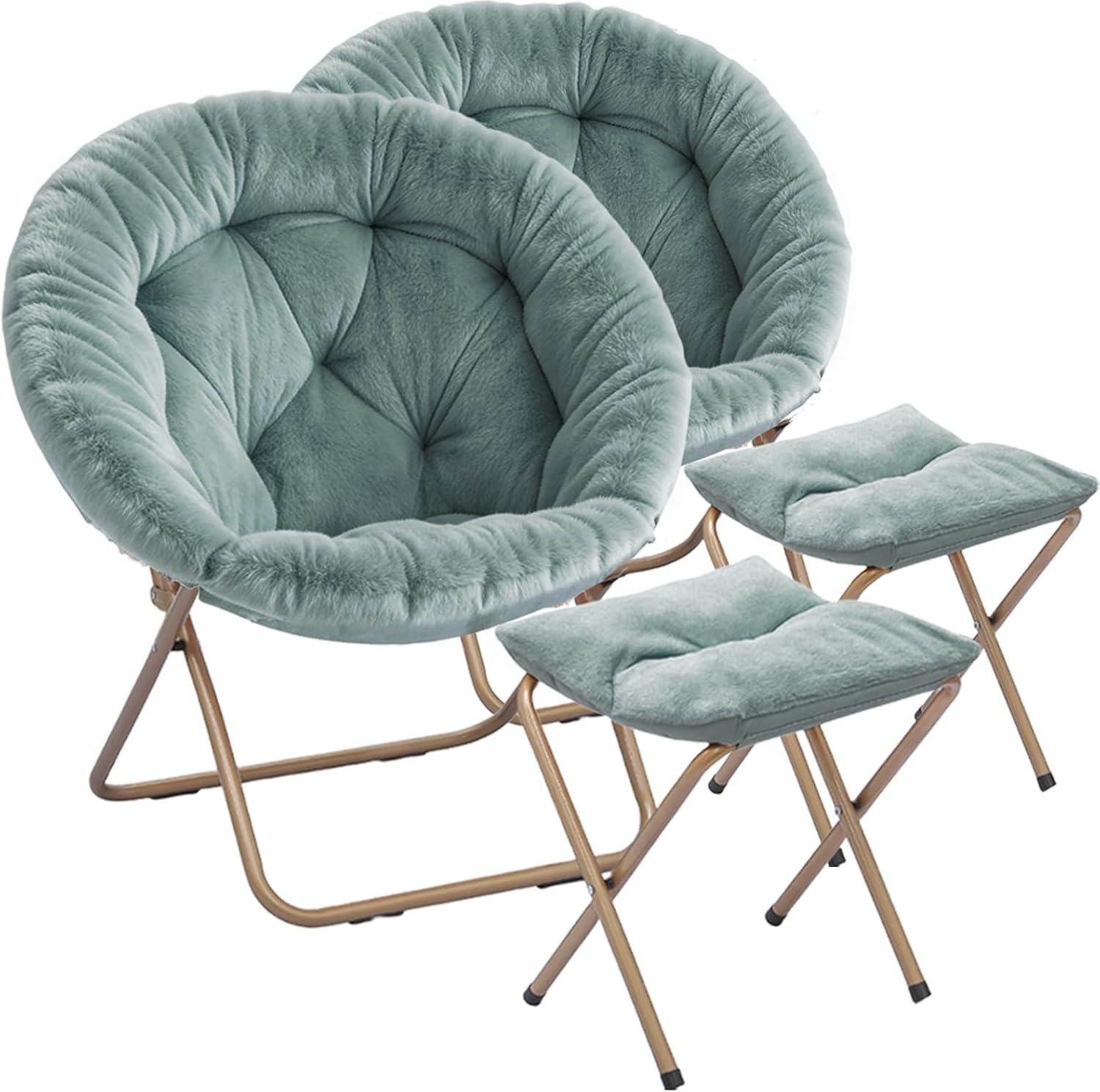 Magshion Folding Saucer Chair for Adults with Ottoman, Circle Reading Chair for Bedroom, Living Room & Dorm, Furry Comfy Accent Seat with Metal Leg & Thick Padded for Small Spaces (Teal, 2 Pack)