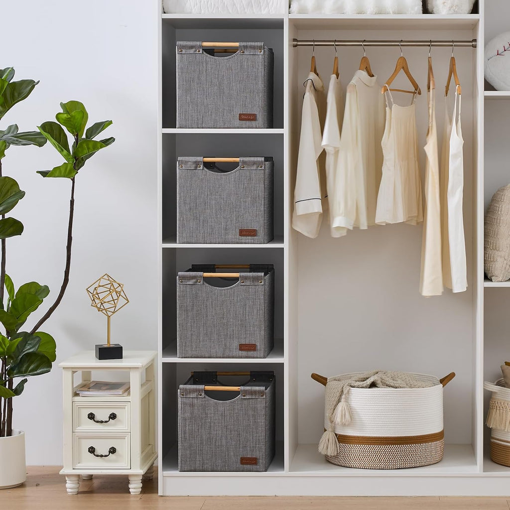 KAKAMAY 13x15x13 Inch Collapsible Fabric Storage Cubes, Grey 2-Pack with Wooden Handles, Cube Storage Bins for Kallax Shelf, Closet, Living Room, Bedroom, Nursery, Toys, Clothes, Blankets, Laundry