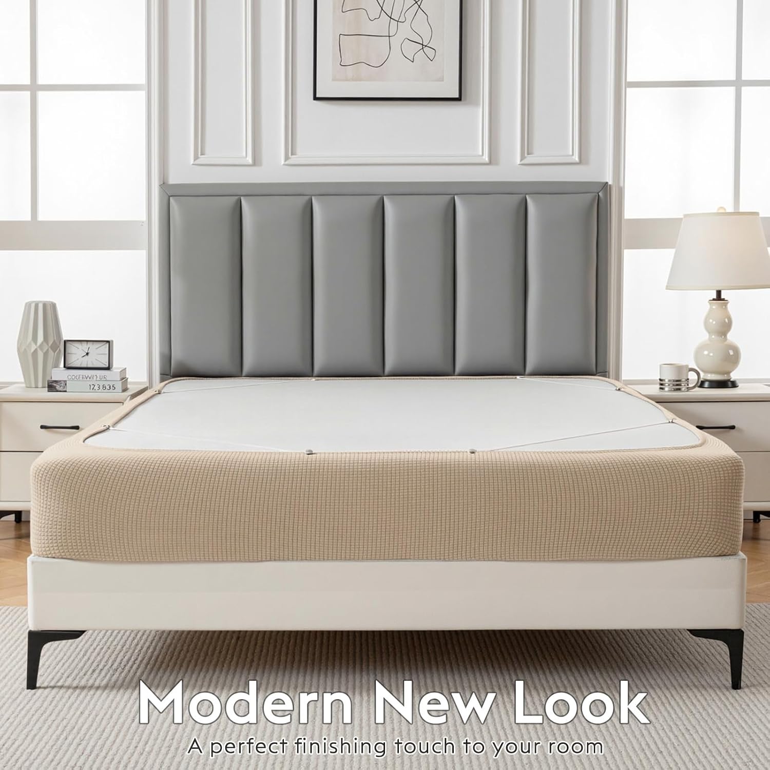 MIYE Jacquard Fabric Box Spring Cover,Super Stretchy Wrap Around 4 Sides Elastic Bed Skirt,Wrinkle & Fading Resistant,Washable & Easy Fit. (Cream, Queen)