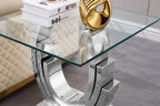 Glass End Table, 22.83" Square Side Table with Tempered Glass Top and Silver Mirror Finish Stainless Steel Three U-Shaped Base, Modern Small End Side Table for Living Room