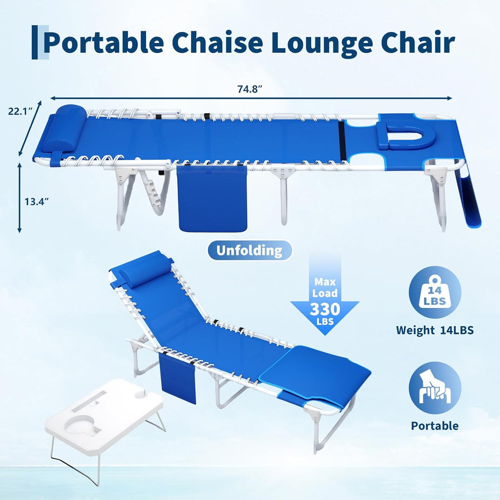 Garvee Tanning Chair with Face Hole, 3-in-1 Outside Beach Lounge Chair with Folding Table, 5 Reclining Positions and Removable Pillow, for Beach, Pool, Patio, Garden -Max 330lbs (Blue)