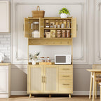 Garvee Rattan Pantry Cabinet, 71 in Kitchen Pantry with Microwave Stand, Freestanding Hutch with Drawers, Doors and Hooks, Boho Storage Cabinet for Dining Room, Kitchen, Living Room, Natural
