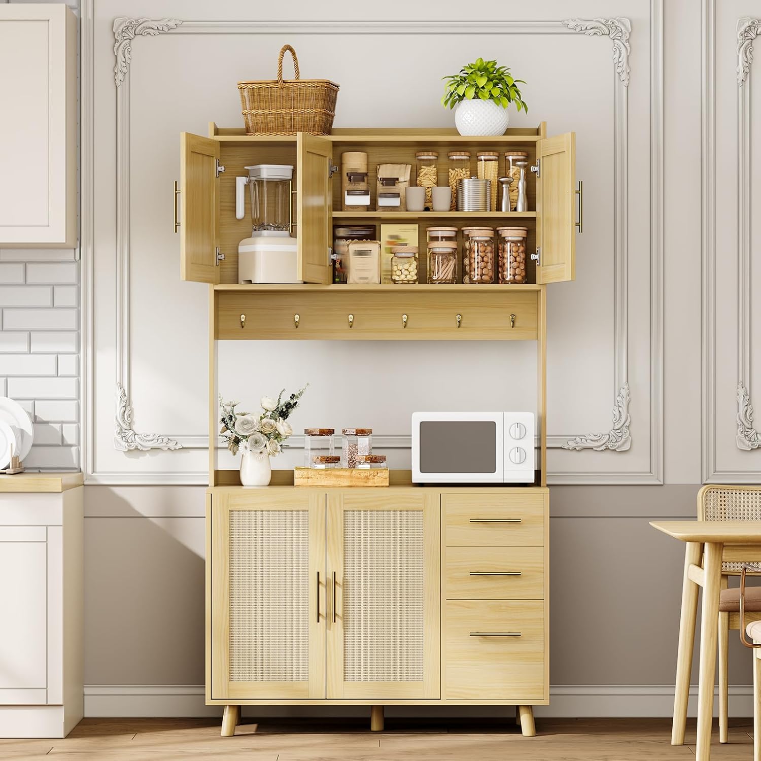 Garvee Rattan Pantry Cabinet, 71 in Kitchen Pantry with Microwave Stand, Freestanding Hutch with Drawers, Doors and Hooks, Boho Storage Cabinet for Dining Room, Kitchen, Living Room, Natural