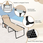 GYMAX Lounge Chairs for Outside, Extra High Folding Beach Tanning Lounger with Adjustable Backrest, Footrest & Removable Pillow, Sunbath Lounge for Patio, Lawn, Poolside (1, Beige with Pocket)