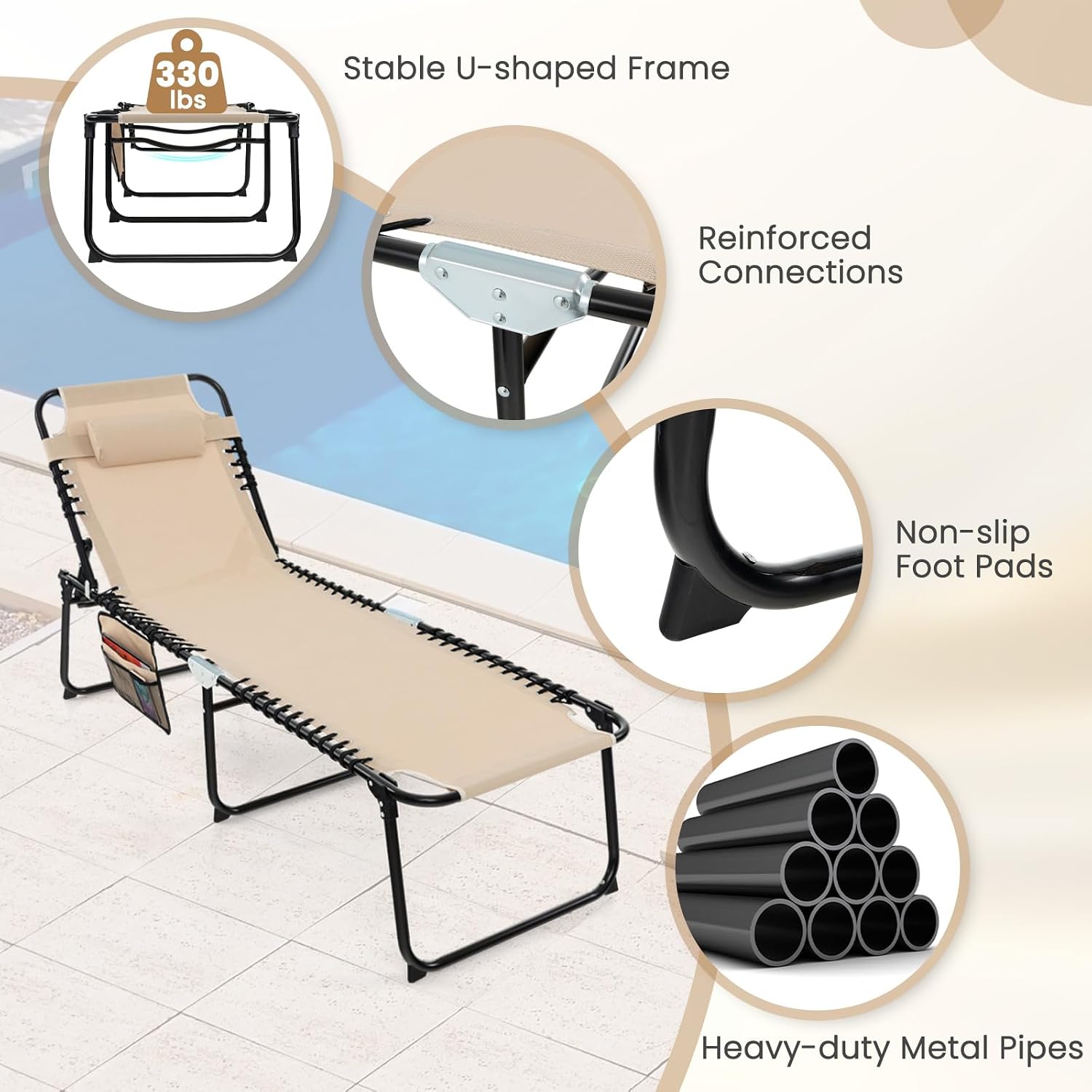 GYMAX Lounge Chairs for Outside, Extra High Folding Beach Tanning Lounger with Adjustable Backrest, Footrest & Removable Pillow, Sunbath Lounge for Patio, Lawn, Poolside (1, Beige with Pocket)