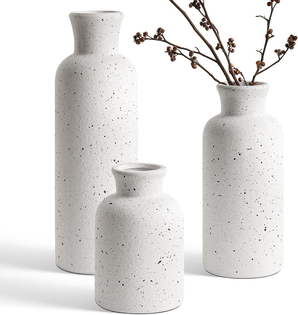 LE TAUCI Ceramic Vase Set of 3, Matte Flower Vases for Fresh or Dried Flowers, Modern Farmhouse Home Decor for Coffee Table, Mantel, Shelf, Entryway, Speckled White