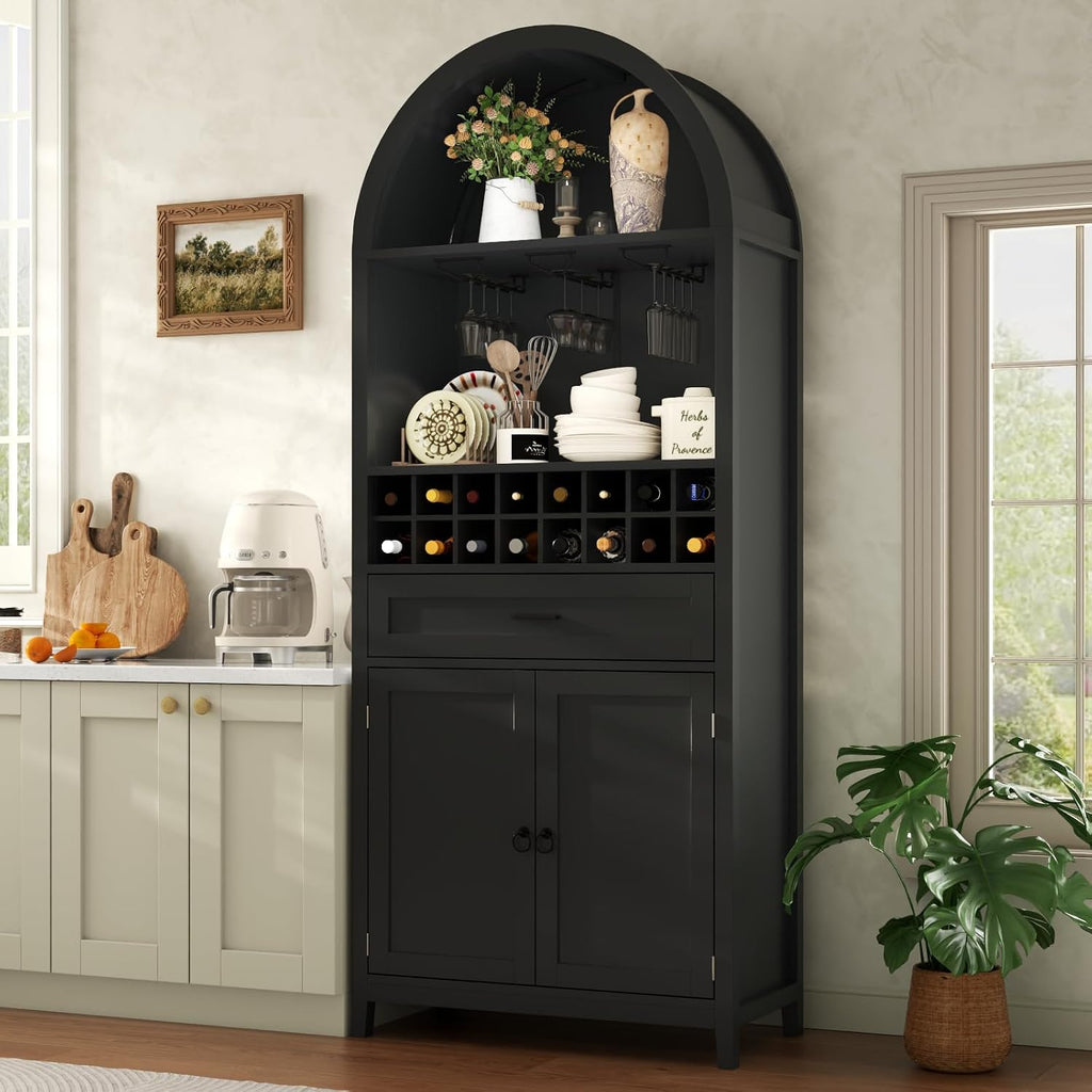 Loomie 75.7" Tall Arched Wine Cabinet, Modern Bar Cabinets with Glass Holders & Wine Rack, Liquor Cabinet for Home, Kitchen Pantry W/Drawer & Shelves, Versatile Cupboard for Dining Room (Black)