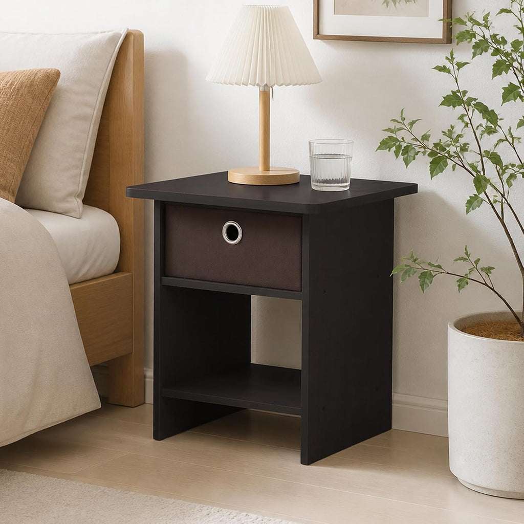 Square End Table with Storage Bin, Bedside Table with Open Back Shelf, Round Corner Night Stand, Side Table, for Bedroom, Living Room, Dark Walnut