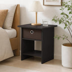Square End Table with Storage Bin, Bedside Table with Open Back Shelf, Round Corner Night Stand, Side Table, for Bedroom, Living Room, Dark Walnut