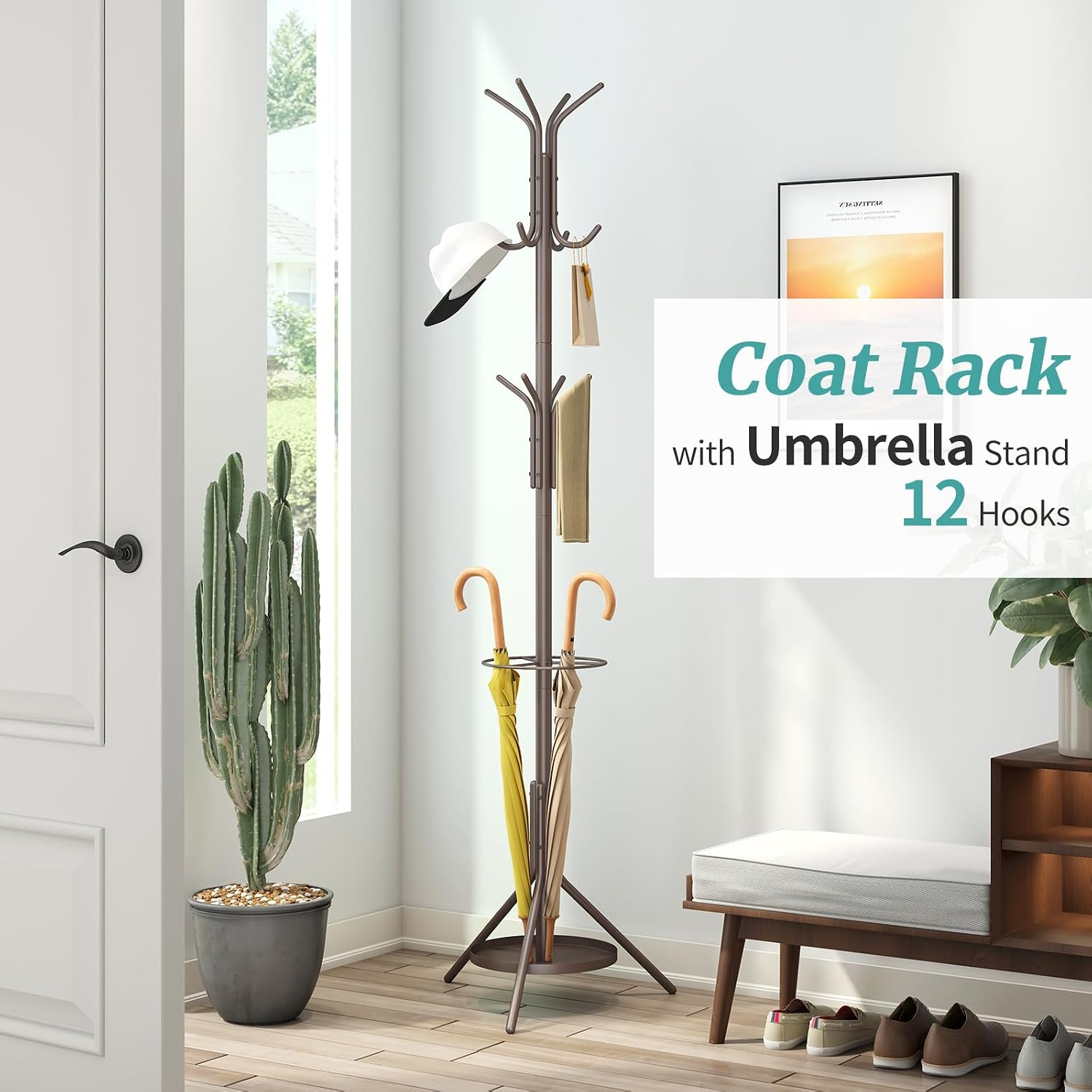 Coat Rack, Coat Rack Freestanding with Umbrella Holder, Adjustable Height Shelf with 12 Hooks, Used In The Bedroom, Living Room, Office To Hang Clothes, Hats, Bags