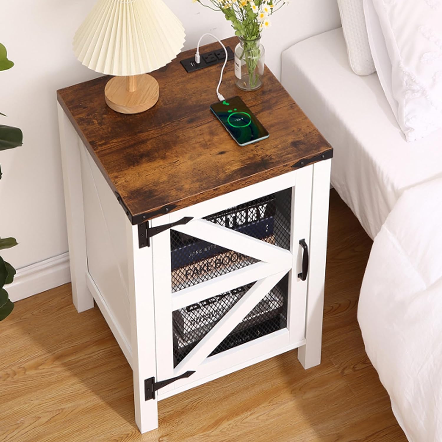 18" Farmhouse Nightstand with Charging Station, Wood Side Table, End Table with Adjustable Shelf, Rustic Bedside Cabinet with Mesh Barn Door for Bedroom, Living Room
