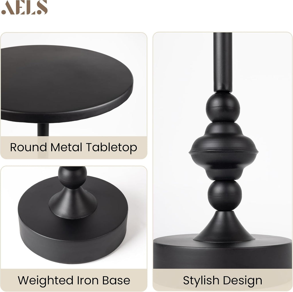 AELS Mid Century Modern Accent Drink Table, 11.8" Round Black Side Table with Metal Top and Base, Small End Table Nightstand for Living Room, Bedroom, Office, or Entryway