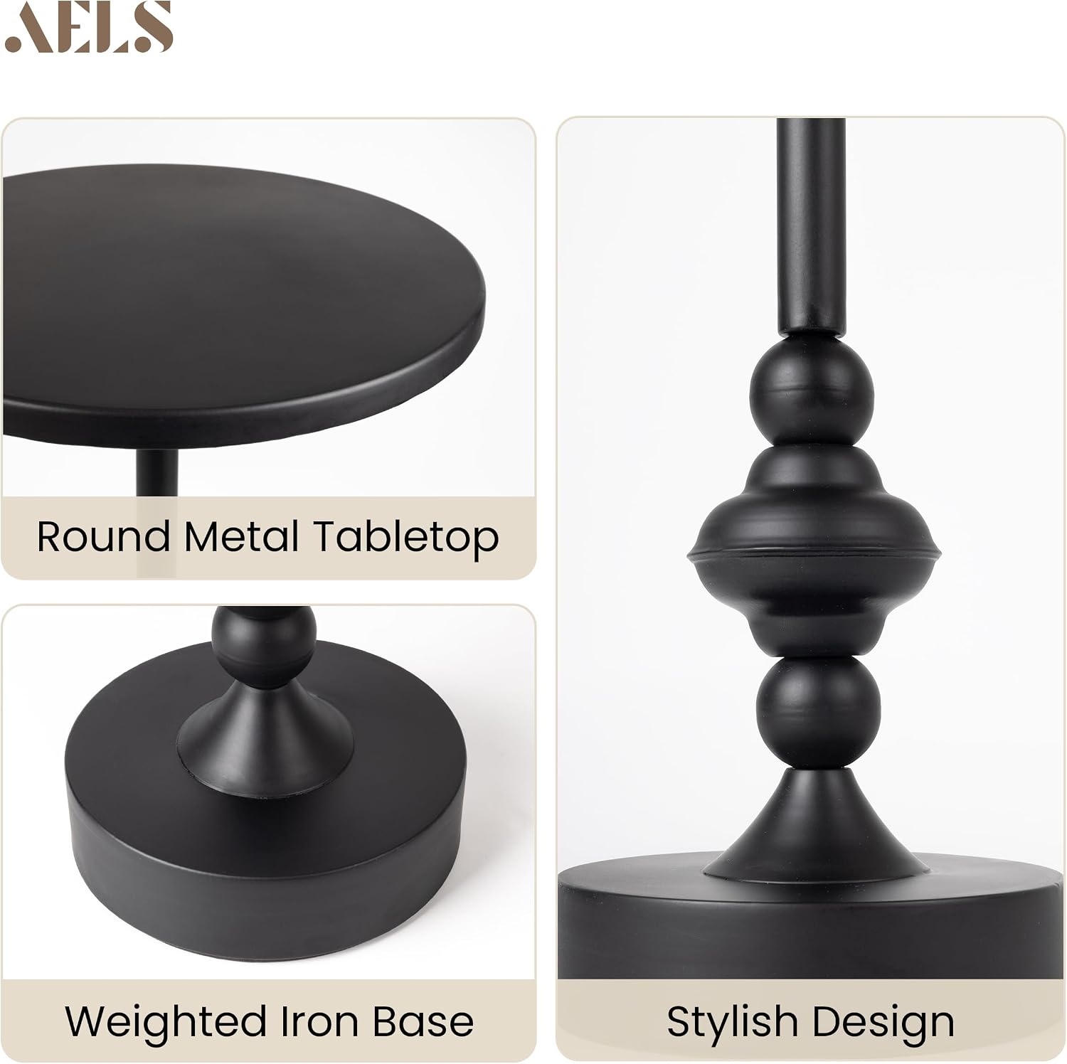 AELS Mid Century Modern Accent Drink Table, 11.8" Round Black Side Table with Metal Top and Base, Small End Table Nightstand for Living Room, Bedroom, Office, or Entryway