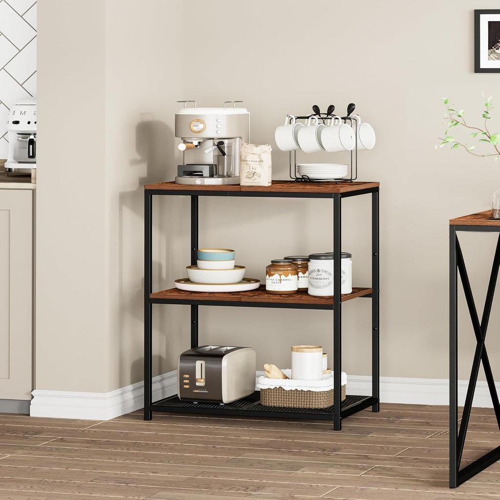 Homleke Kitchen Island with 3 Shelves, Kitchen Shelf with Large Workstation, Bakers Rack, Workbench, Metal Frame, Rustic Brown and Black