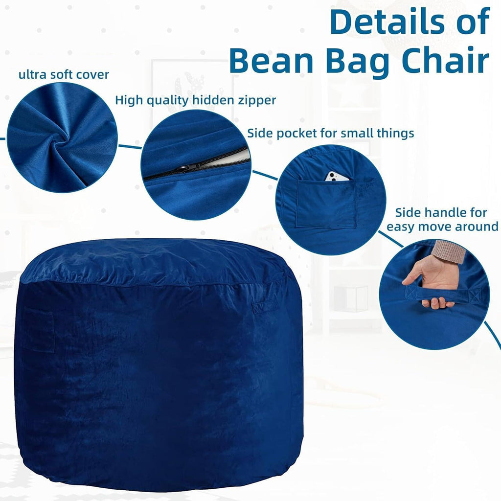 HABUTWAY Bean Bag Chair 3Ft Luxurious Velvet Ultra Soft Fur with High Rebound Memory Foam Bean Bag Chairs for Adults Plush Lazy Sofa with Fluffy Sponge 3' (Blue)