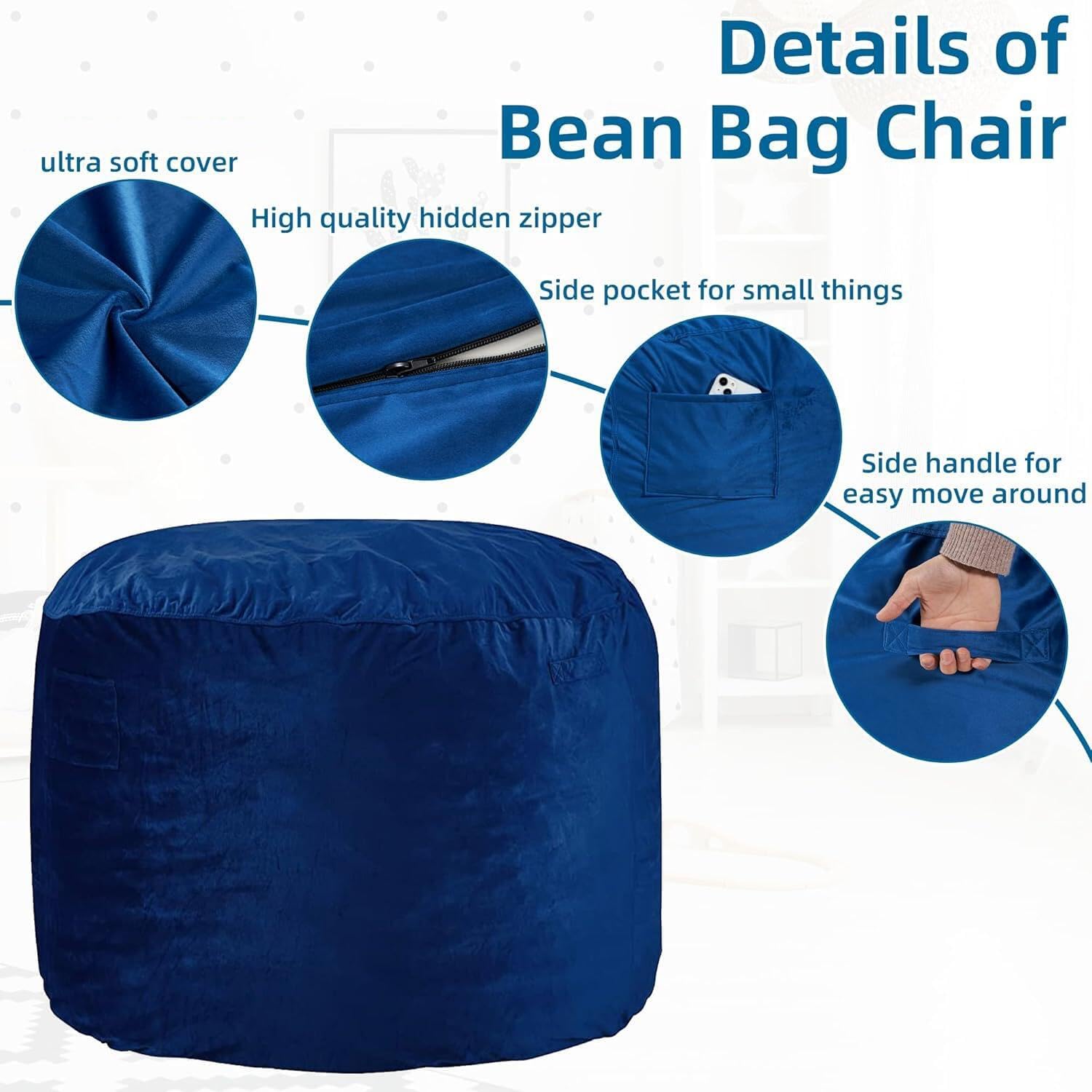 HABUTWAY Bean Bag Chair 3Ft Luxurious Velvet Ultra Soft Fur with High Rebound Memory Foam Bean Bag Chairs for Adults Plush Lazy Sofa with Fluffy Sponge 3' (Blue)