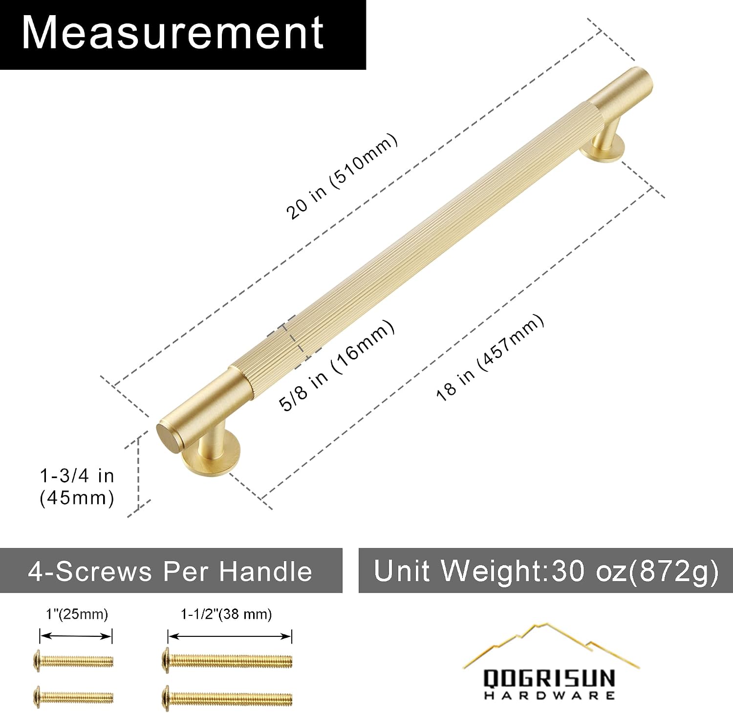QOGRISUN 1-Pack Solid Brass Appliance Handle Pull, 18 Inch (457mm) Hole Center Grooved Gold Cabinet Pull,Heavy Duty Brushed Brass Drawer Handle for Kitchen Cabinets, Cupboard, Dresser– Eleganza