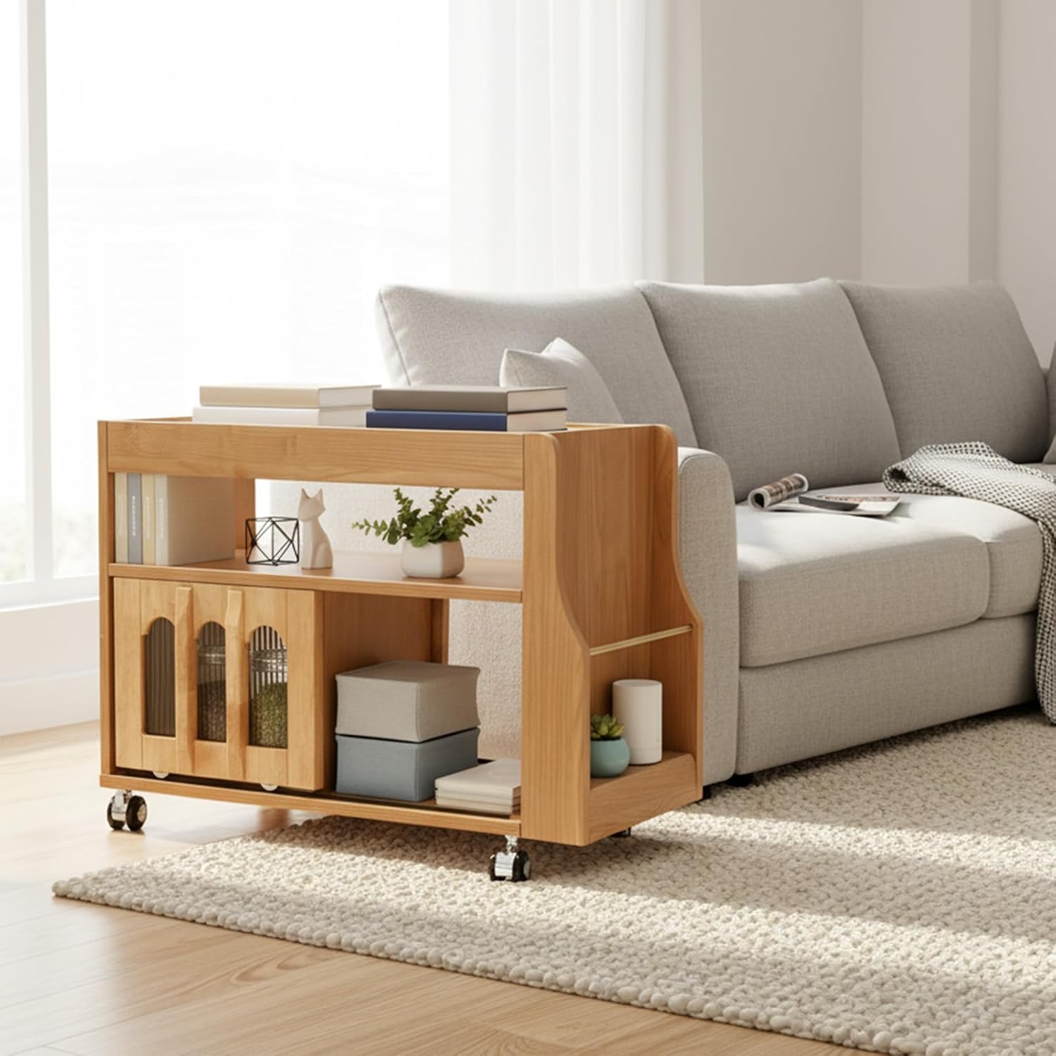 Solid Wood End Table with Storage & Wheels, Narrow Side Table with Magazine Rack & Glass Door Cabinet, Small Couch Side Table for Living Room, Slim Nightstand for Bedroom Space Saving