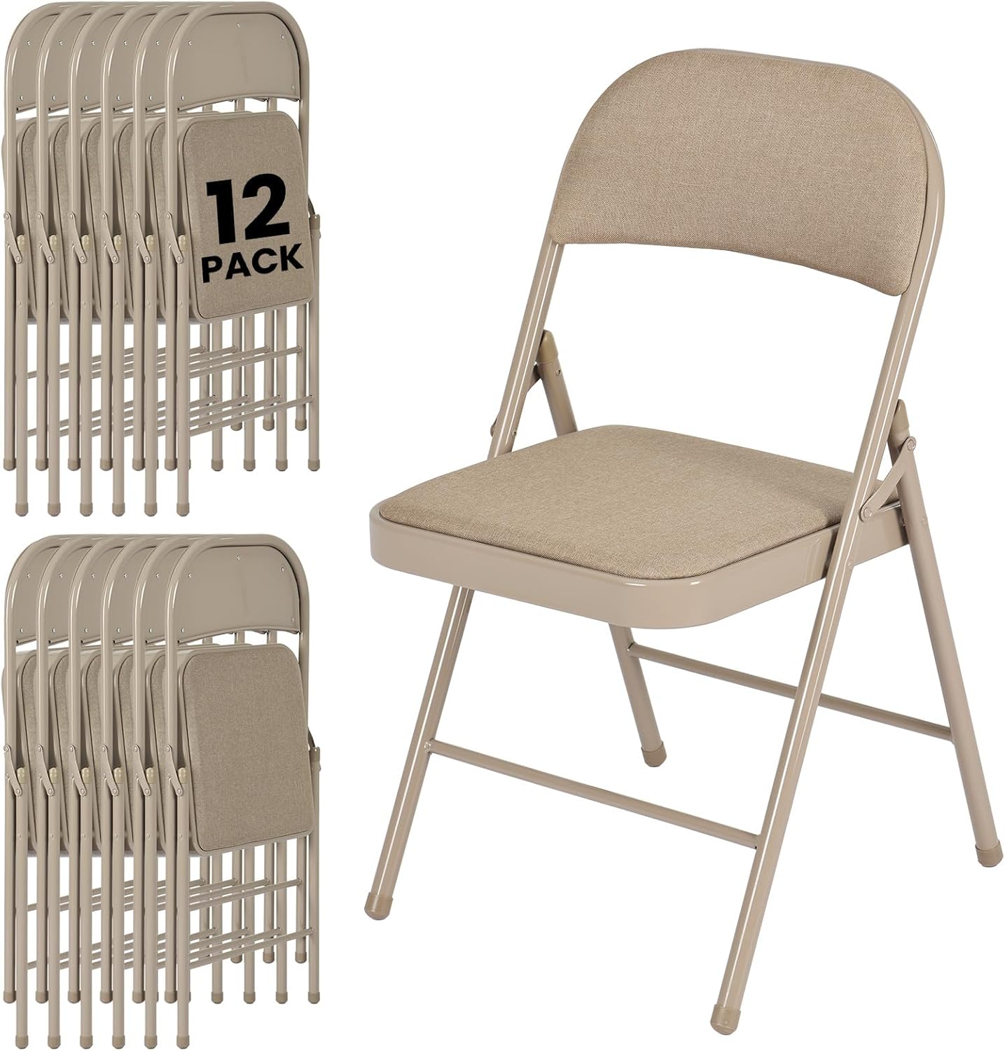12 Pack Folding Chairs, Fabric Dining Chair Set with Padded Cushion and Back, Indoor Outdoor Seat for Home Office, Parties, Events, Wedding, Extra Guest Seating, Desert Khaki