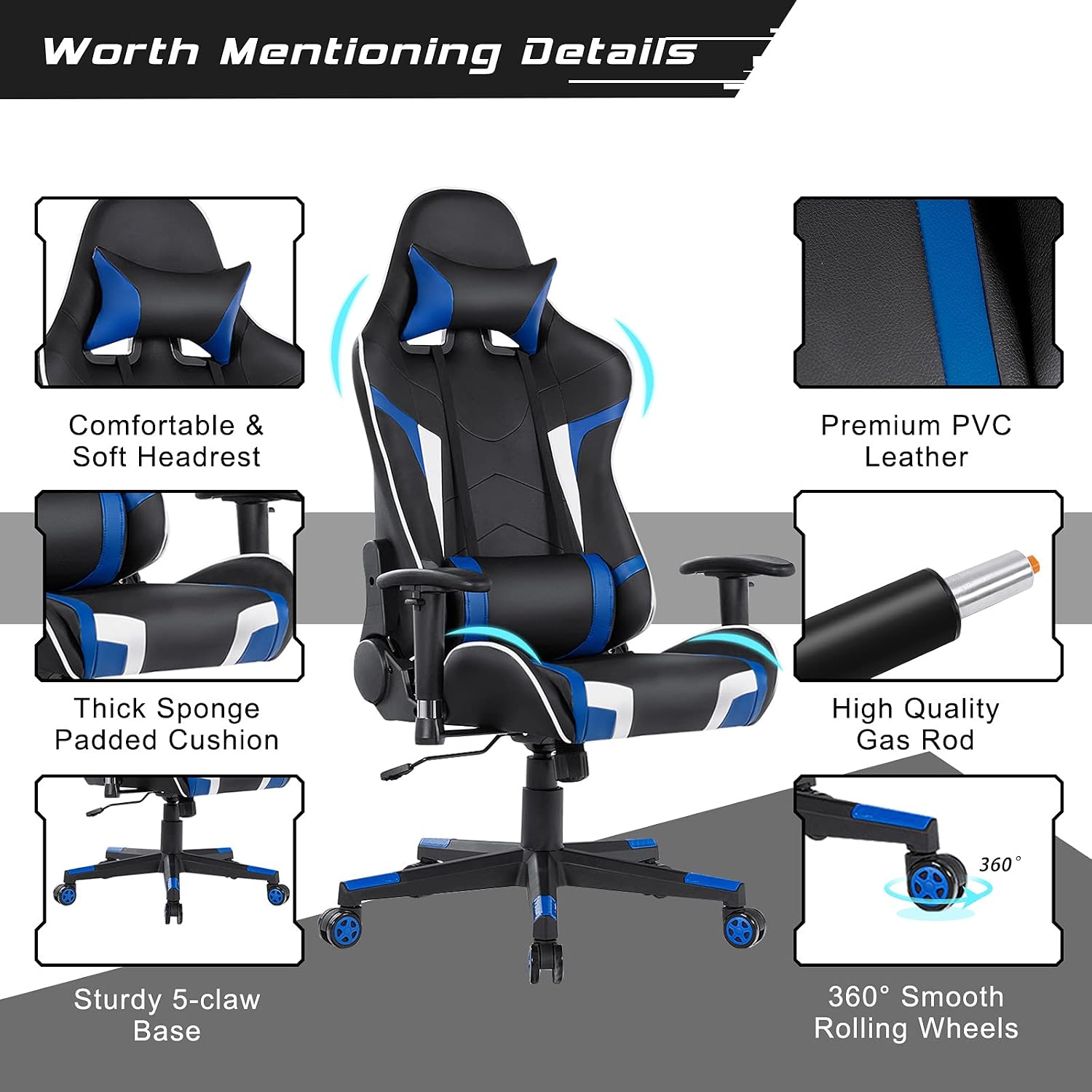 GYMAX Gaming Chair, Massage Gaming Chairs for Adults with Headrest, Lumbar Support & Armrest, Video Computer Reclining Gaming Chair, Office Desk Gamer Task Chair (Blue)