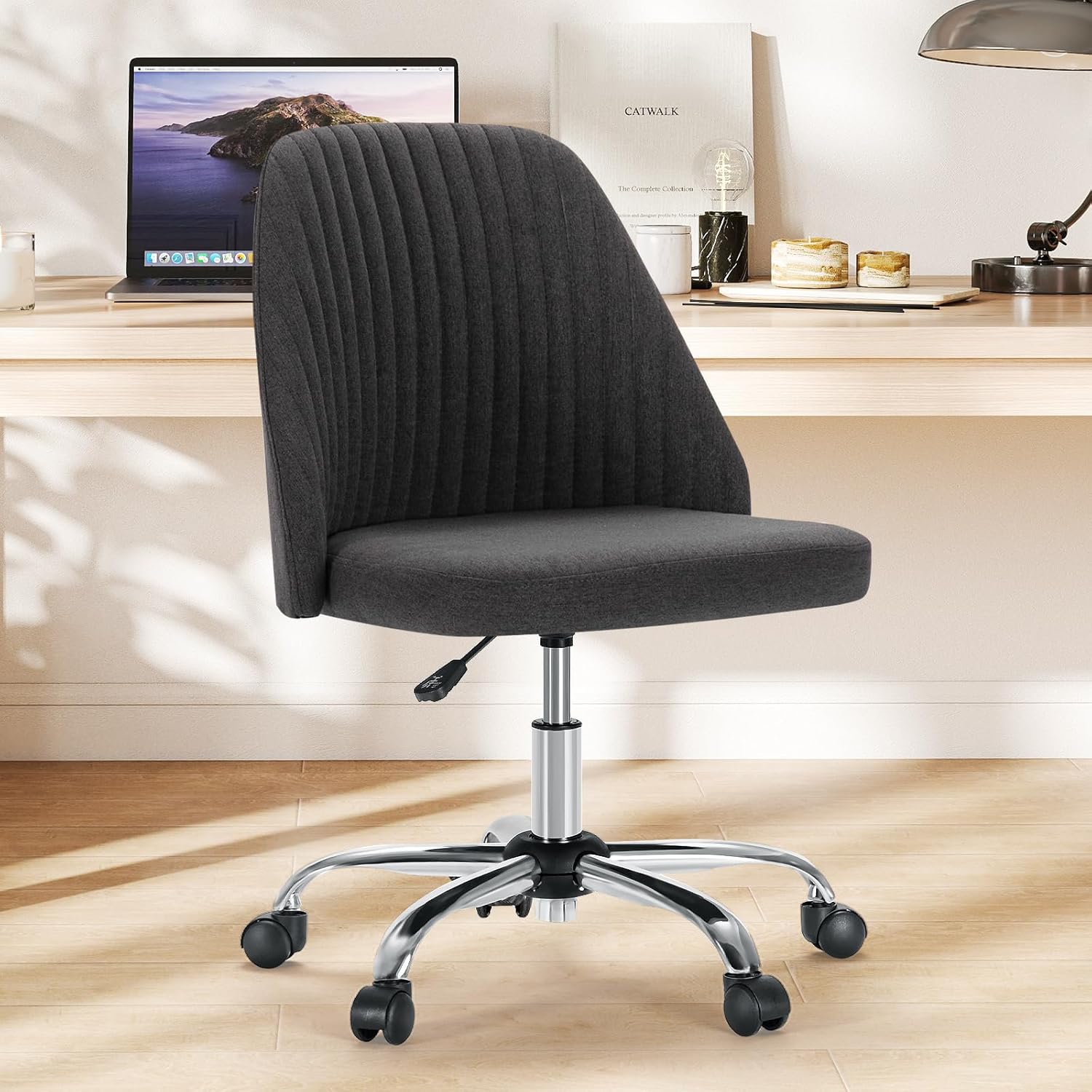 Sweetcrispy Armless Vanity Chair, Cute Comfy Home Office Desk Chair with Wheels, Modern Upholstered Task Computer Seat for Bedroom, Study, Makeup Vanity, Height Adjustable & Swivel, Deep Gray