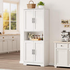 70" Kitchen Pantry Storage Cabinet, Freestanding Buffet Cabinet with Microwave Stand & 4 Door Shelves, Kitchen Hutch with Doors, Adjustable Shelves and Wine Rack,White.