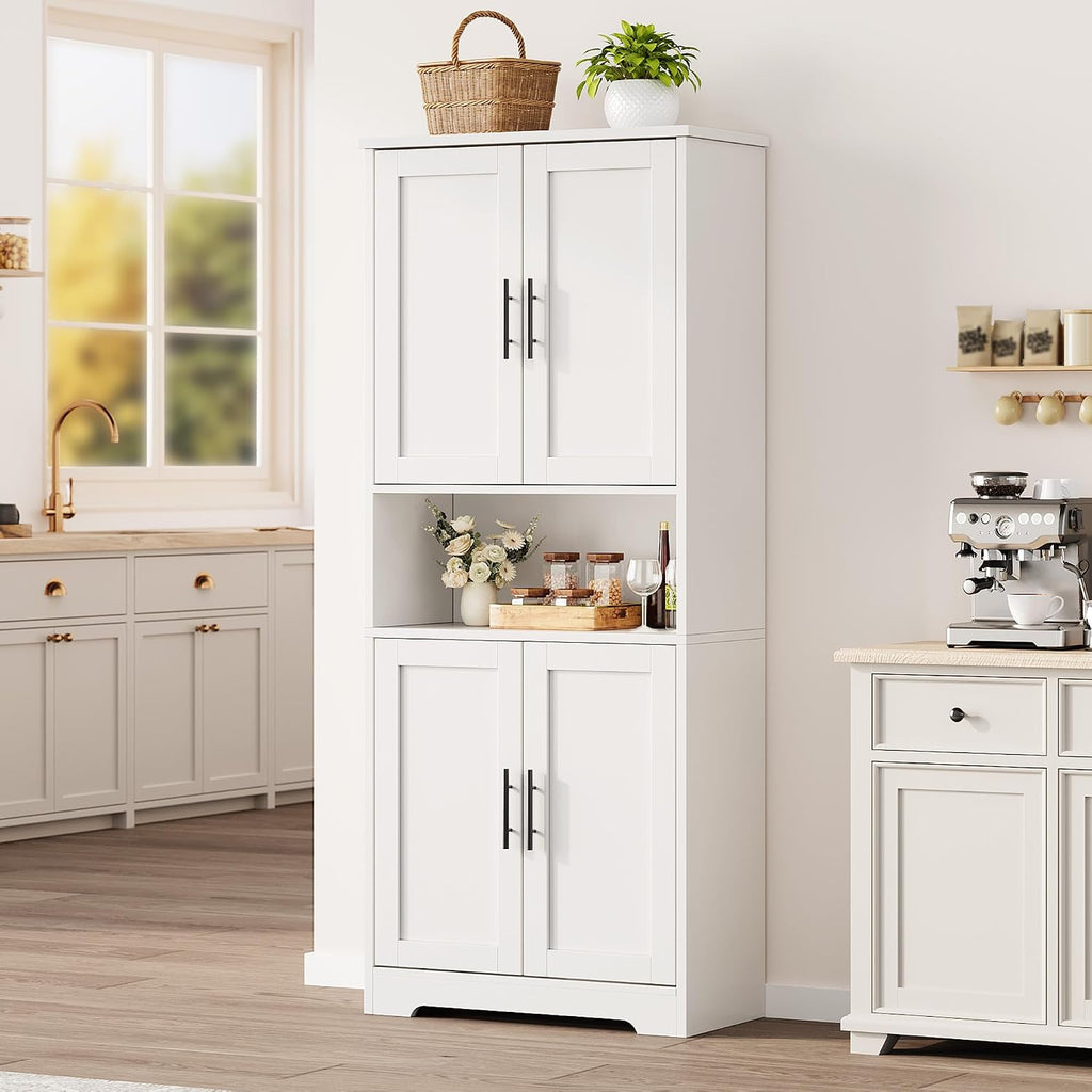 70” Tall Kitchen Pantry Cabinet with Doors & Adjustable Shelves, Modern Freestanding Storage Hutch, Sturdy Wood Buffet Organizer for Kitchen, Living Room, Bathroom, Laundry Room