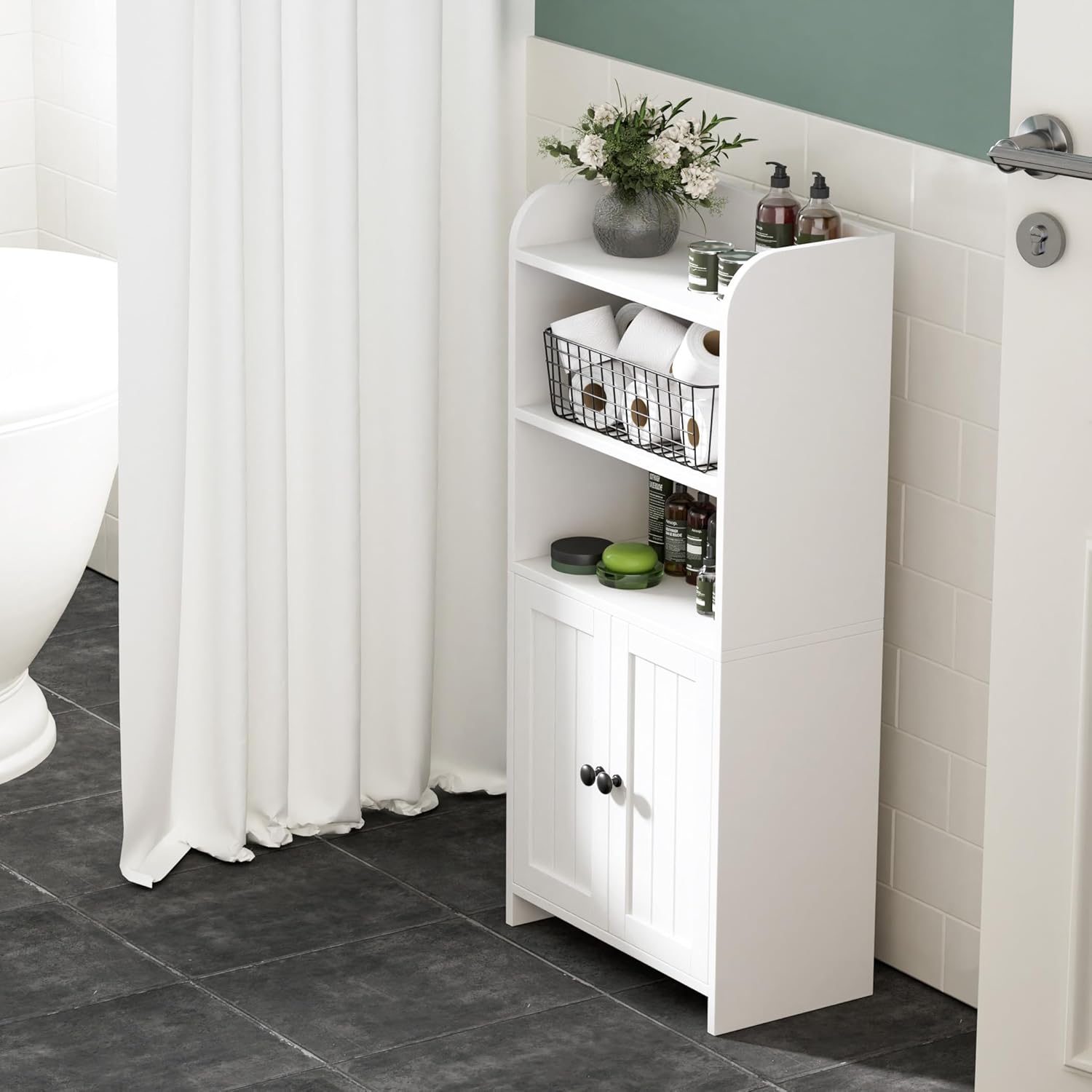 Small Bathroom Storage Cabinet, Freestanding Bathroom Cabinet and Organizer with Shelves, Small Cabinet with Doors for Bathroom, Laundry Room, 7.9" D x 14.6" W x 31" H, White