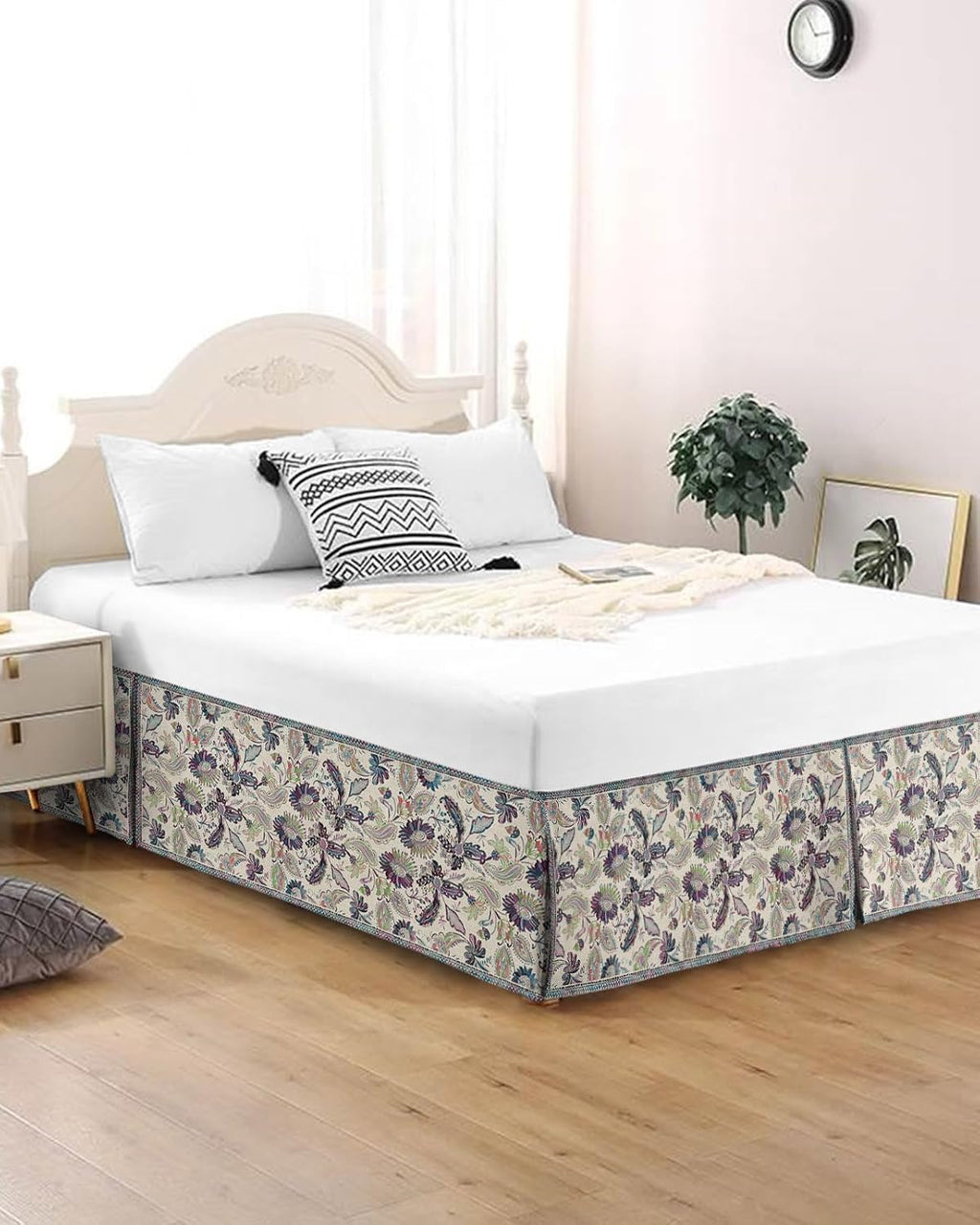 Bed Skirt King Size Paisley Ethnic Style Pleated Dust Ruffle Easy Fit Bedskirts with 16 Inch Drop Purple Vintage Floral Wrinkle and Fade Resistant Bedroom Decor