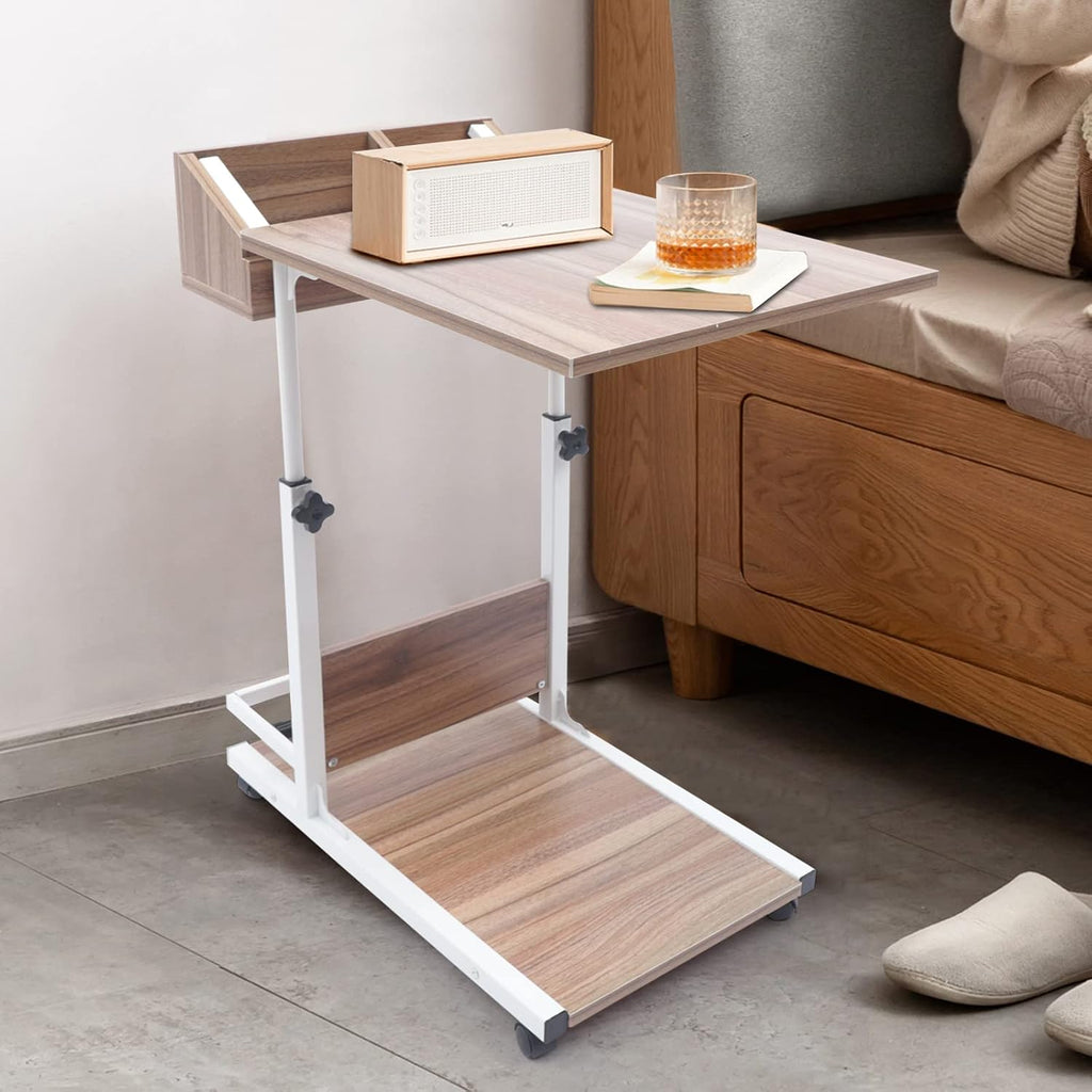 Shaped End Table Adjustable Height C Table with Wheels with Storage Wooden Snack Side Mobile Couch Table for Living Room Bedroom Study Rooms, Dormitories