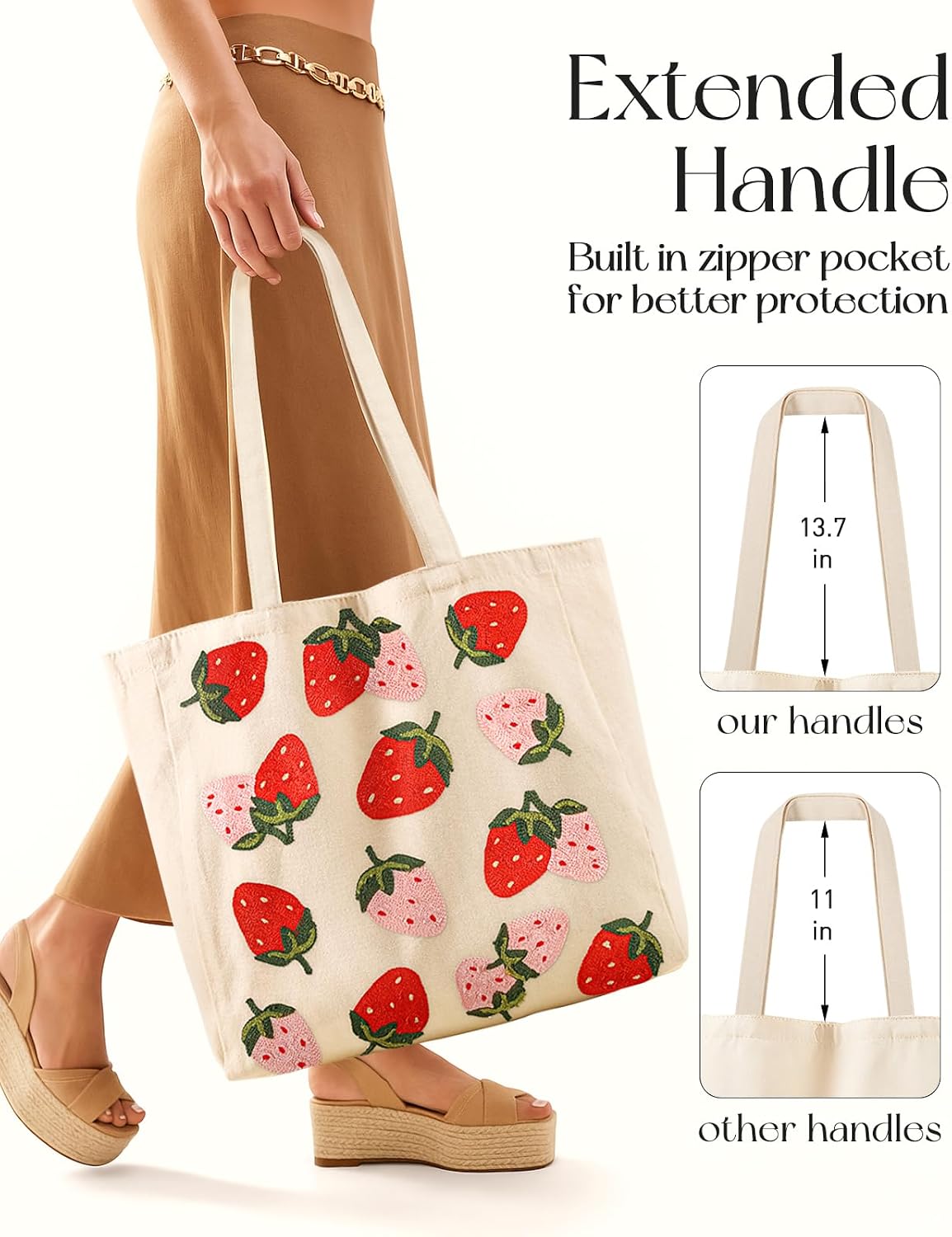 Miss Adola Embroidery Tote Bag with Pocket & Buckle - Reusable Canvas Tote for Women Cute Aesthetic Work Shopping Grocery Bag
