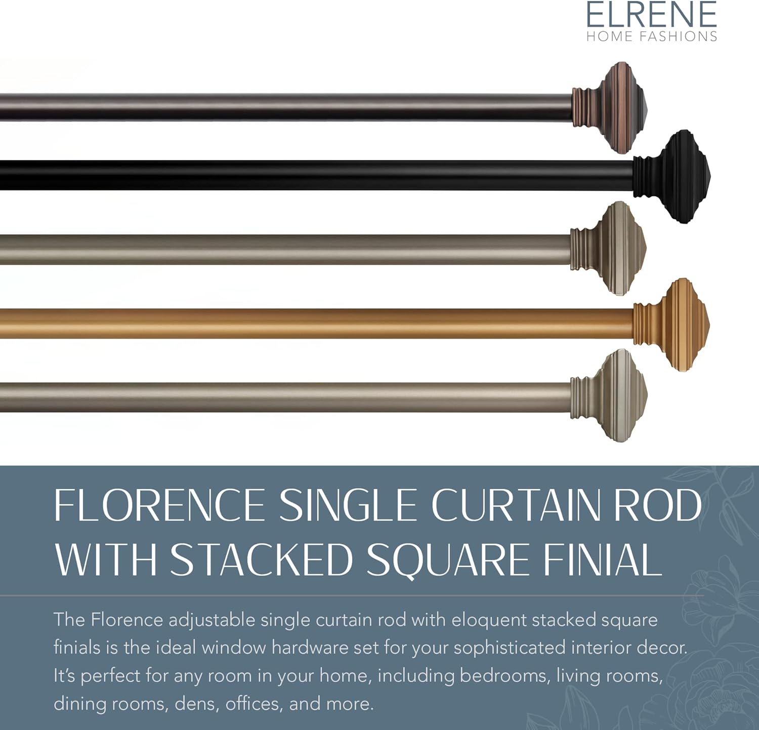 Elrene Home Fashions Florence Single Curtain Rod with Stacked Square Finials, 1" Diameter, (Soft Gold), (48X86)