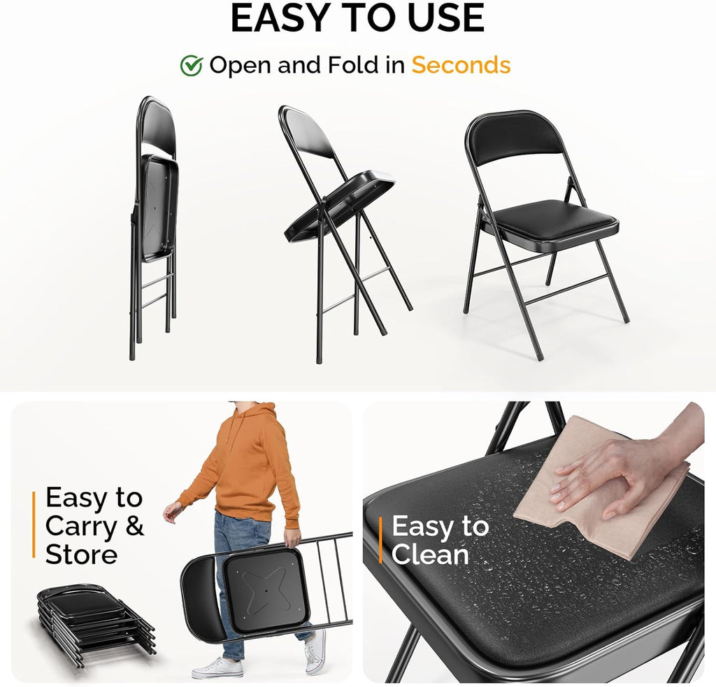 Bonnlo Folding Chair with Comfortable Padded Cushion and Back, Portable Folding Chairs for Outside, Office Events, Weddings, Pu Leather, 4 Black