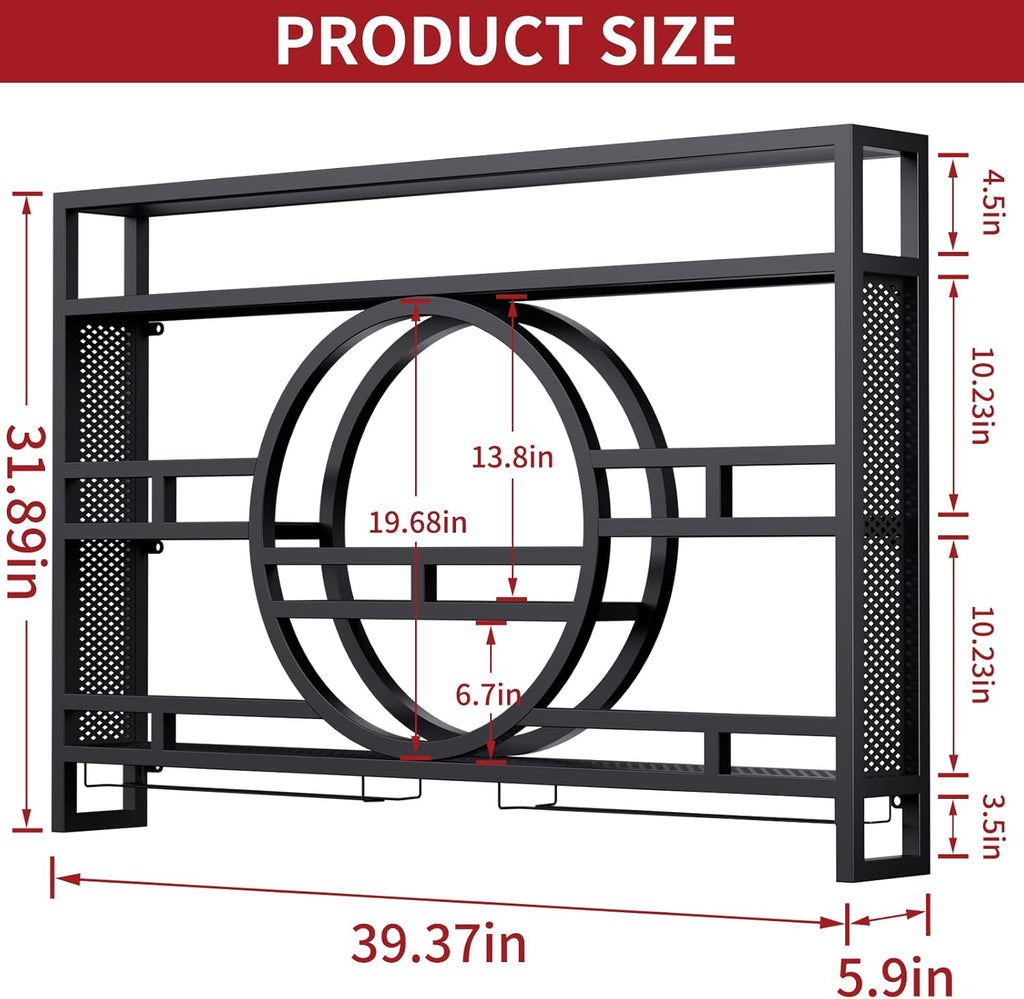 3-Tiers 39in Wine Rack Wall Mounted with Upgarded LED, Floating Bar Shelves with Wine Glass Holder Hanging Industrial Liquor Shelf, Wall-Mounted Wine Racks Cabinets for Home Bar, No Assembly Required