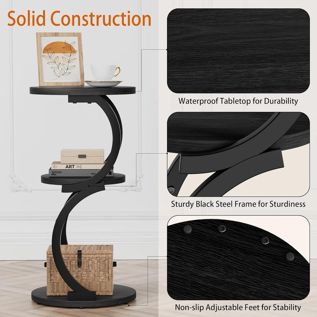 JUSTOGO Small Round Side Table, 3-Tier End Table for Living Room, Vintage Nightstand for Small Spaces Sofa Couch Corner Bedside Bedroom, S-Shaped Wood Accent Table Metal Coffee Table, Black