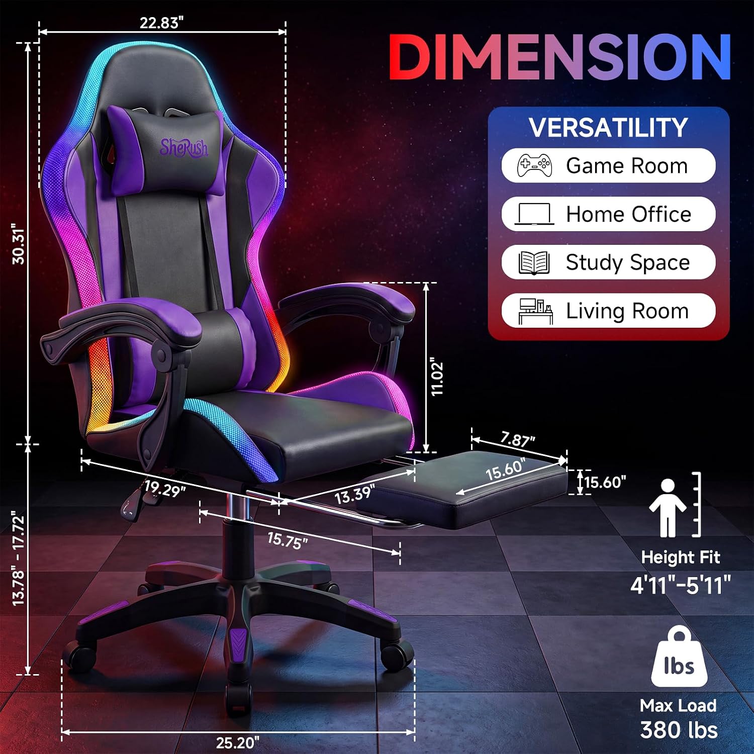 Gaming Chair with RGB LED Lights, Ergonomic Video Game Chair with Footrest, High Back PC Chair, Lumbar Support and Headrest, Reclining Gamer Chair for Adults, 380 lbs Capacity (Purple)