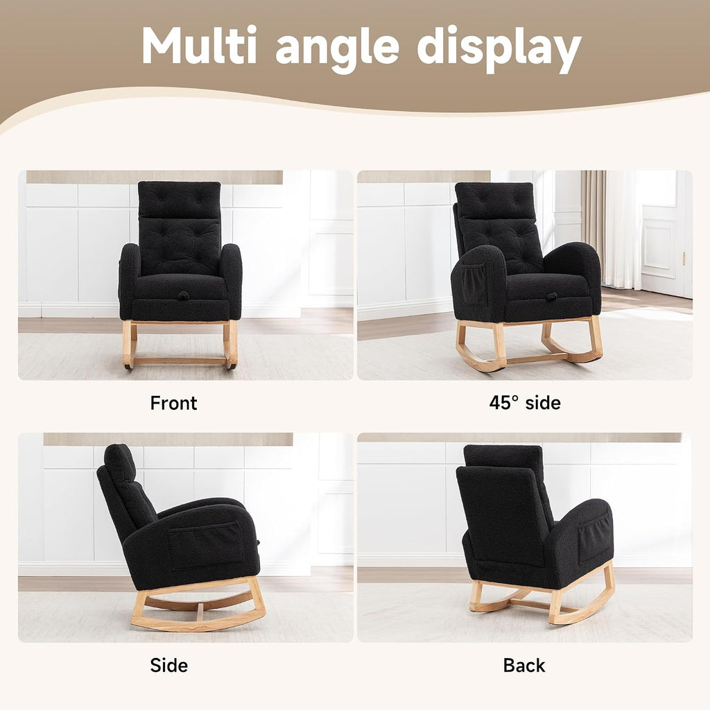 MINCETA Nursery Rocking Chair with Retractable Footrest, Teddy Fabric Upholstered Glider Rocker with High Backrest, Modern Accent Chair with Solid Wood Legs for Baby Room Living Room, Black