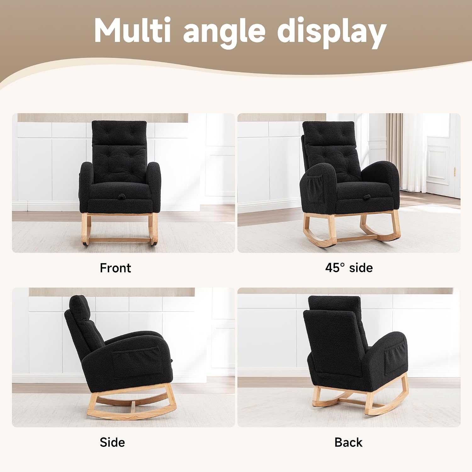 MINCETA Nursery Rocking Chair with Retractable Footrest, Teddy Fabric Upholstered Glider Rocker with High Backrest, Modern Accent Chair with Solid Wood Legs for Baby Room Living Room, Black