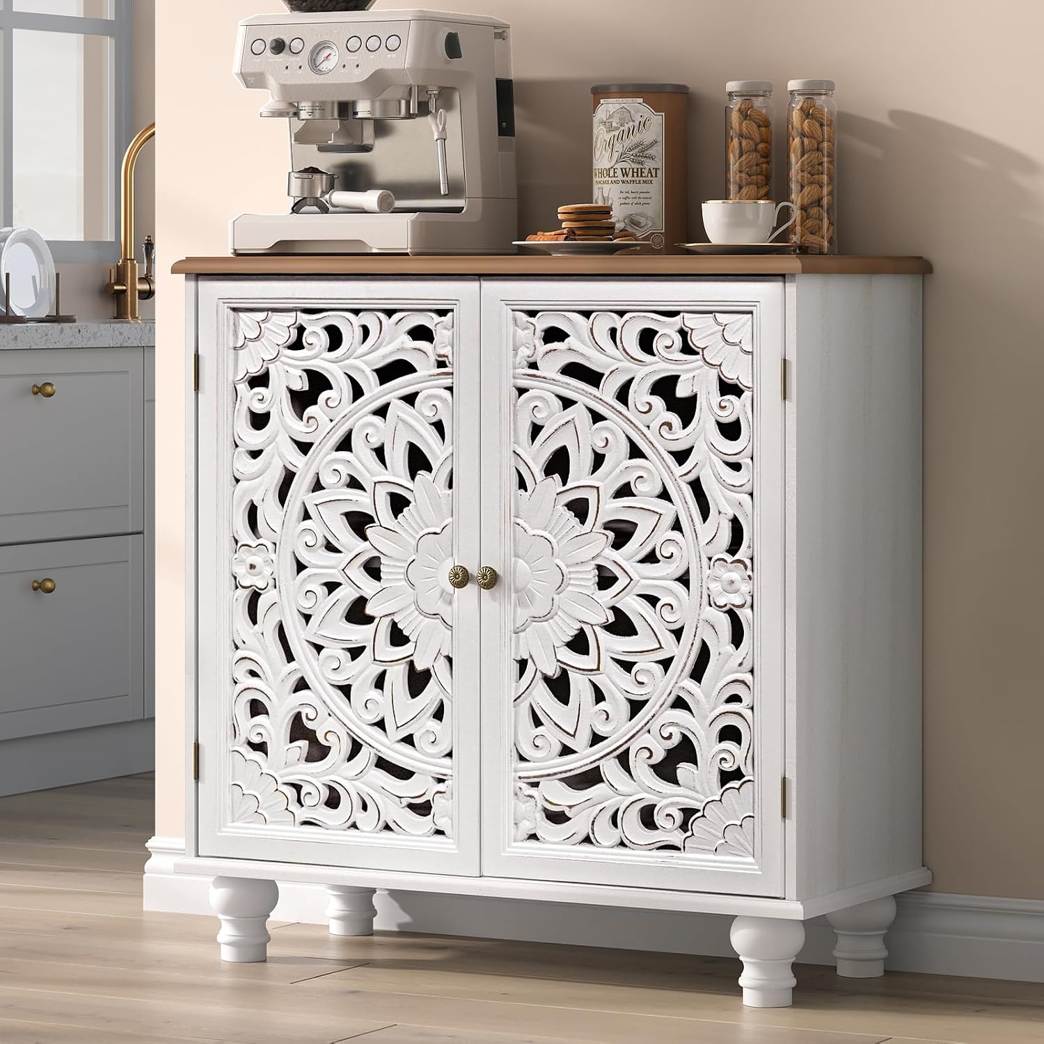 Accent Cabinet with Doors, Decorative Storage Cabinet with Adjustable Shelf, Carved Sideboard Buffet with Solid Wood Legs for Living Room, Entryway, Kitchen, Hallway, White