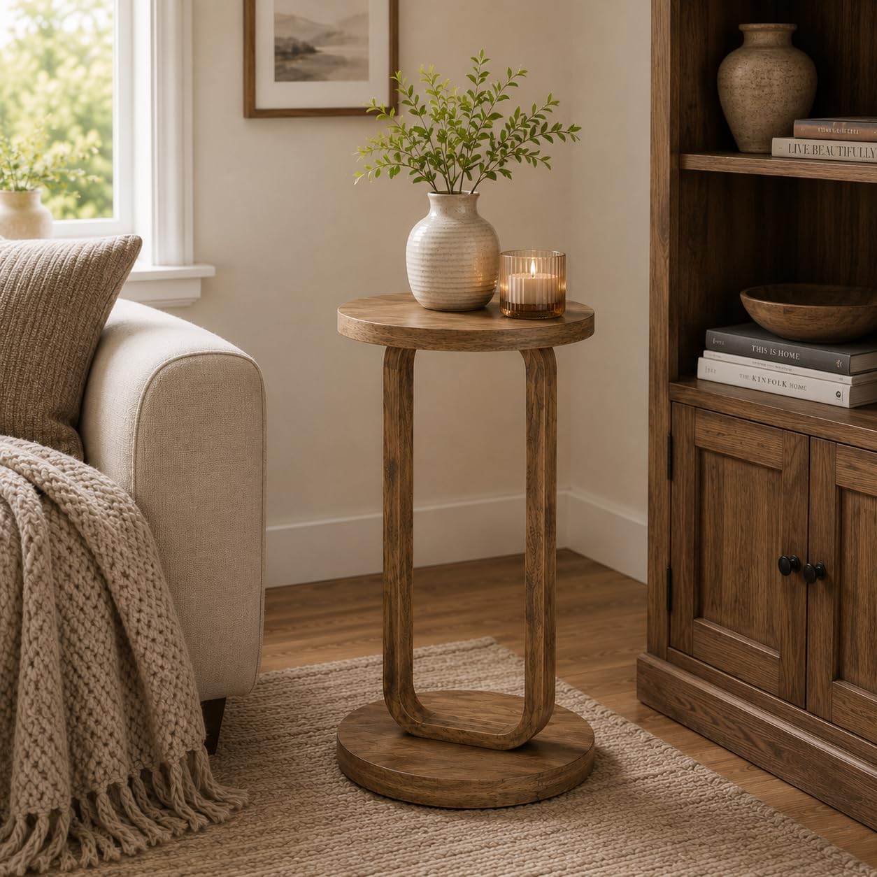 COZAYH Farmhouse Round End Table, Minimalist Small Drink Table, Rustic Plant Stand for Living Room or Bedroom, Boho, Natural Wood Color